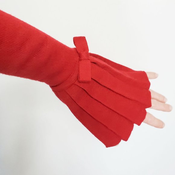 NANETTE LEPORE Womens  Fine Knit Meriono Wool Sweater Pleated Cuff Bow Red M - Picture 7 of 7